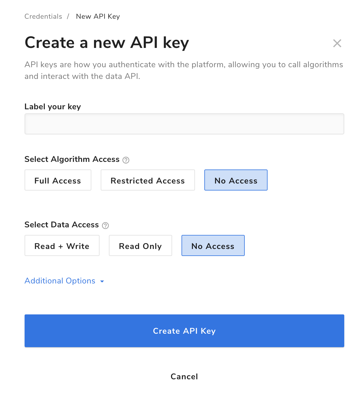 API keys dialog