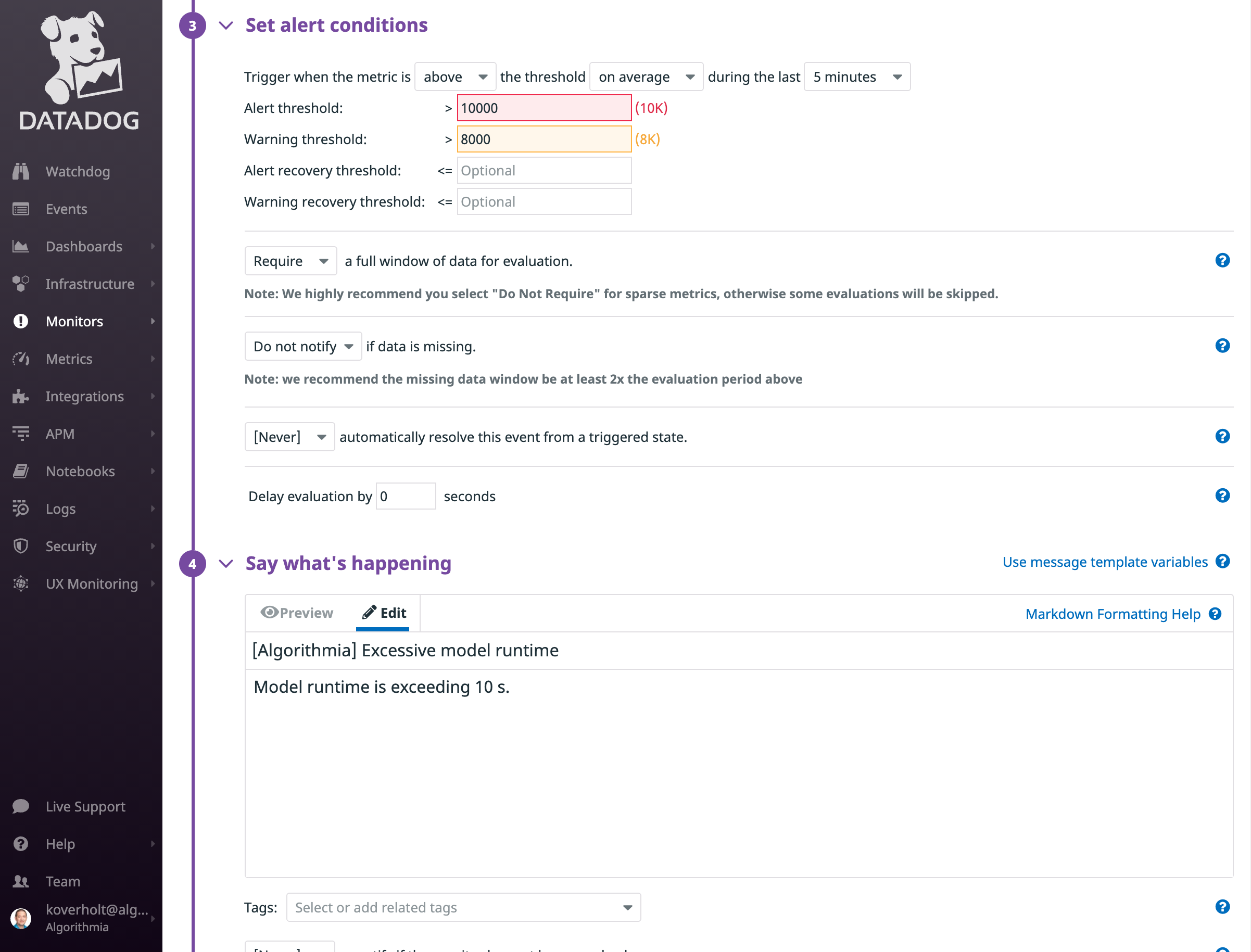 Datadog monitors configuration Define the Metric section view of second half of page