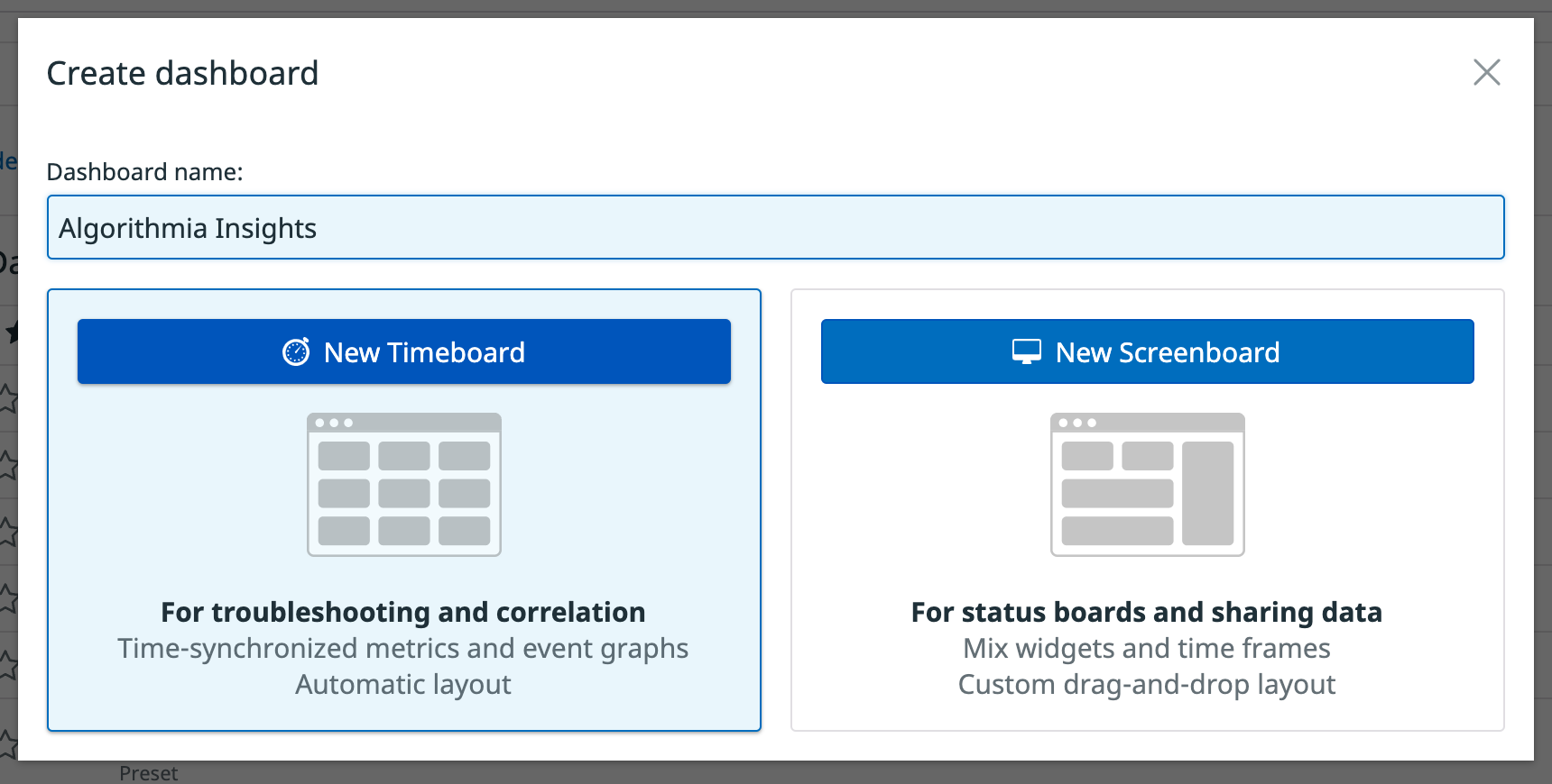 Datadog create dashboard modal