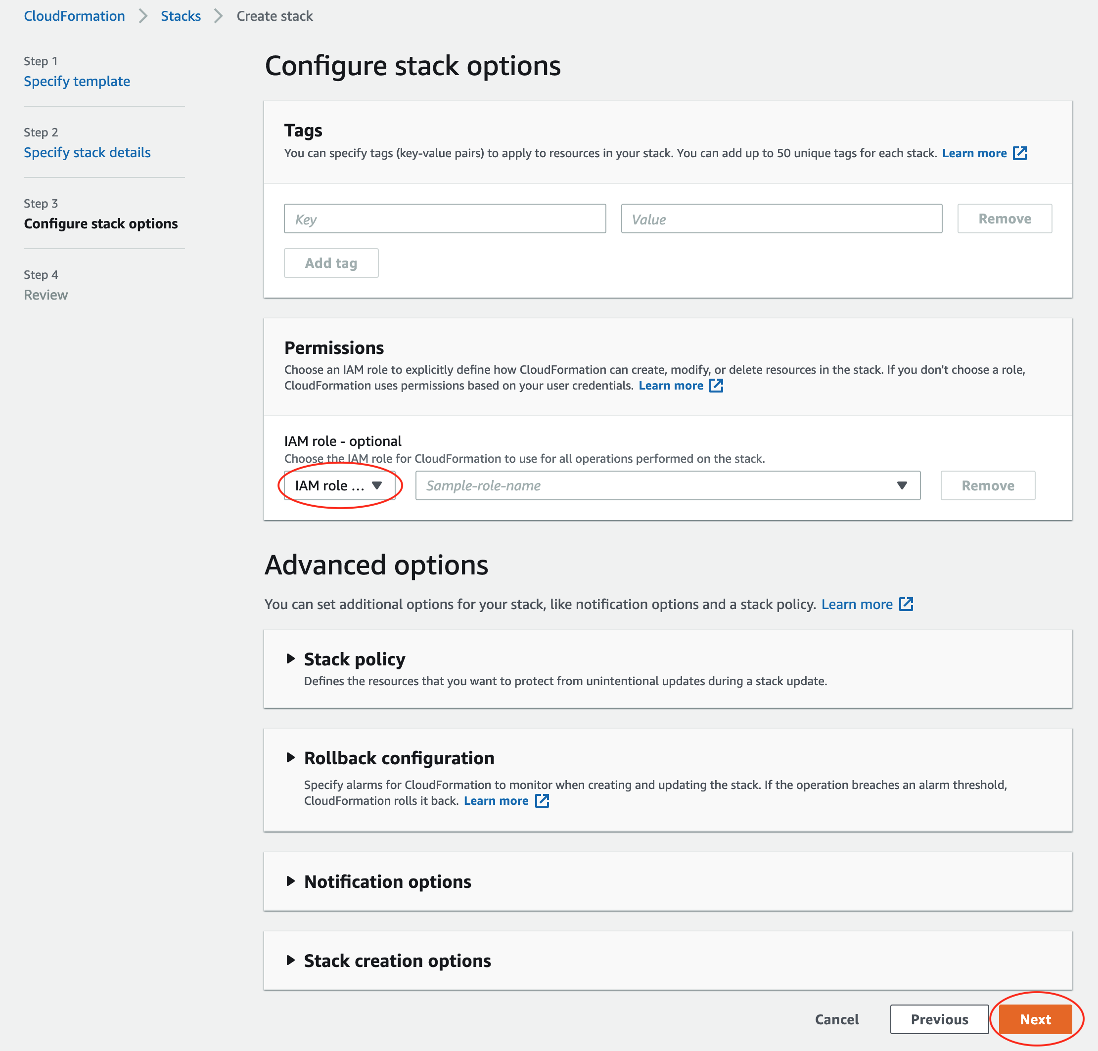 CloudFormation configure stack options