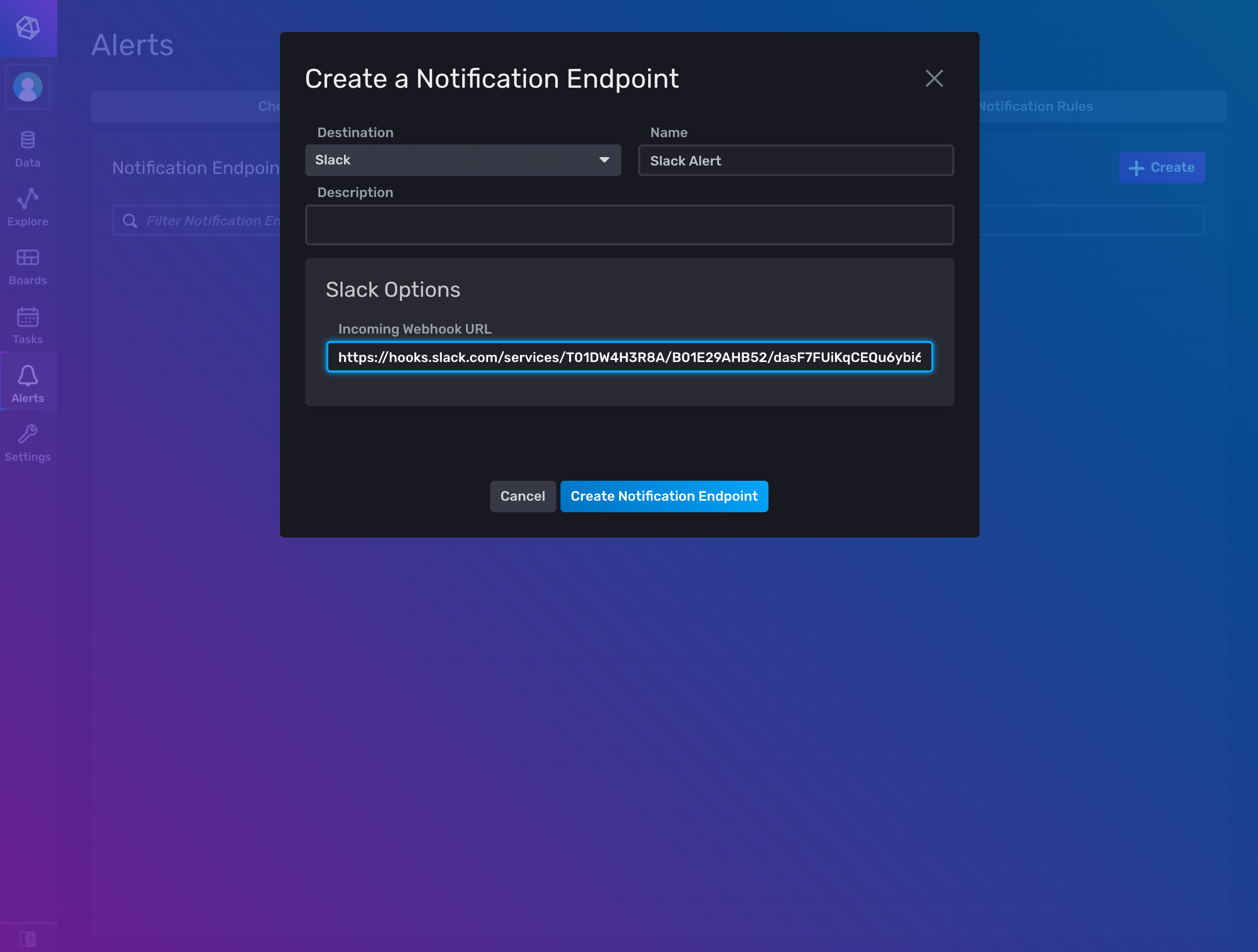 InfluxDB create notification endpoint modal