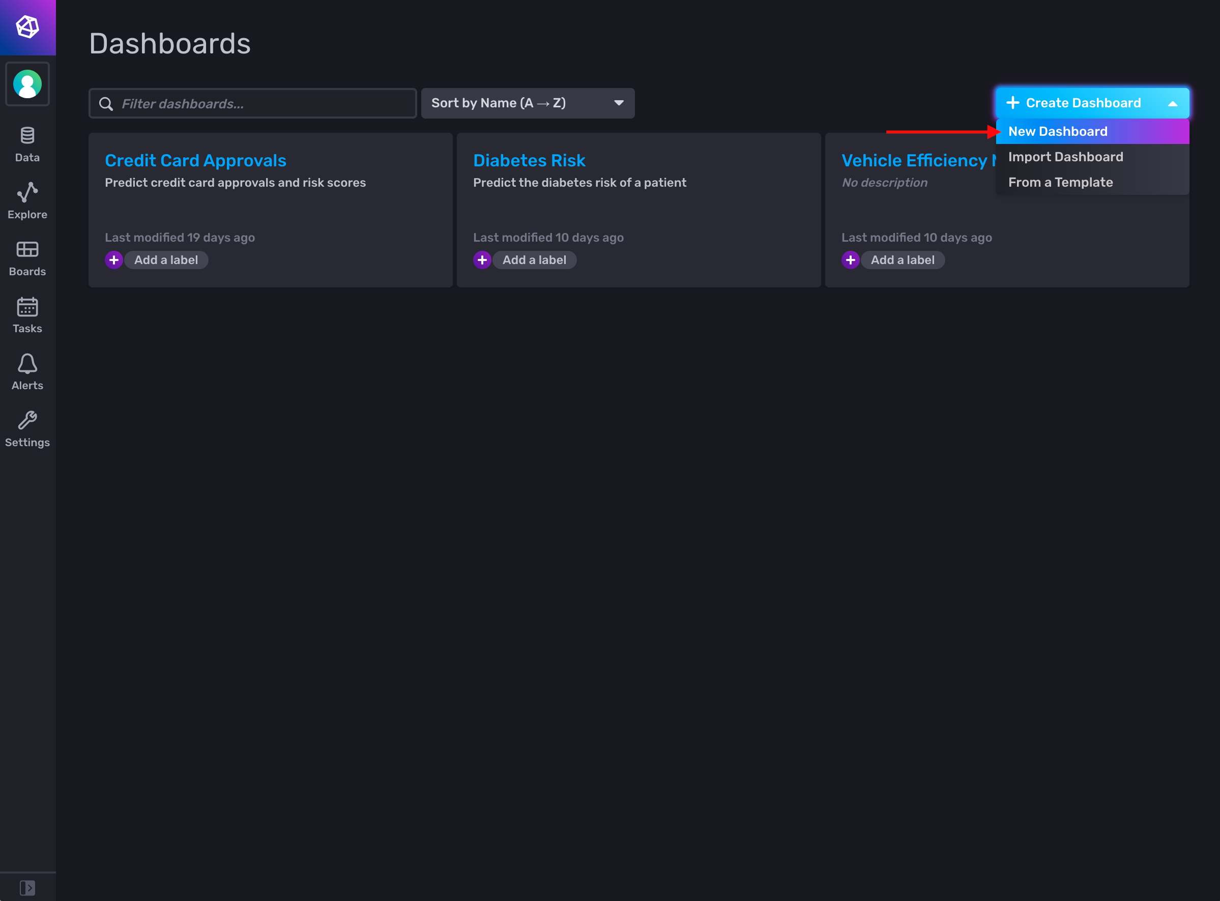 InfluxDB Dashboards page with arrow pointing to new dashboard drop-down