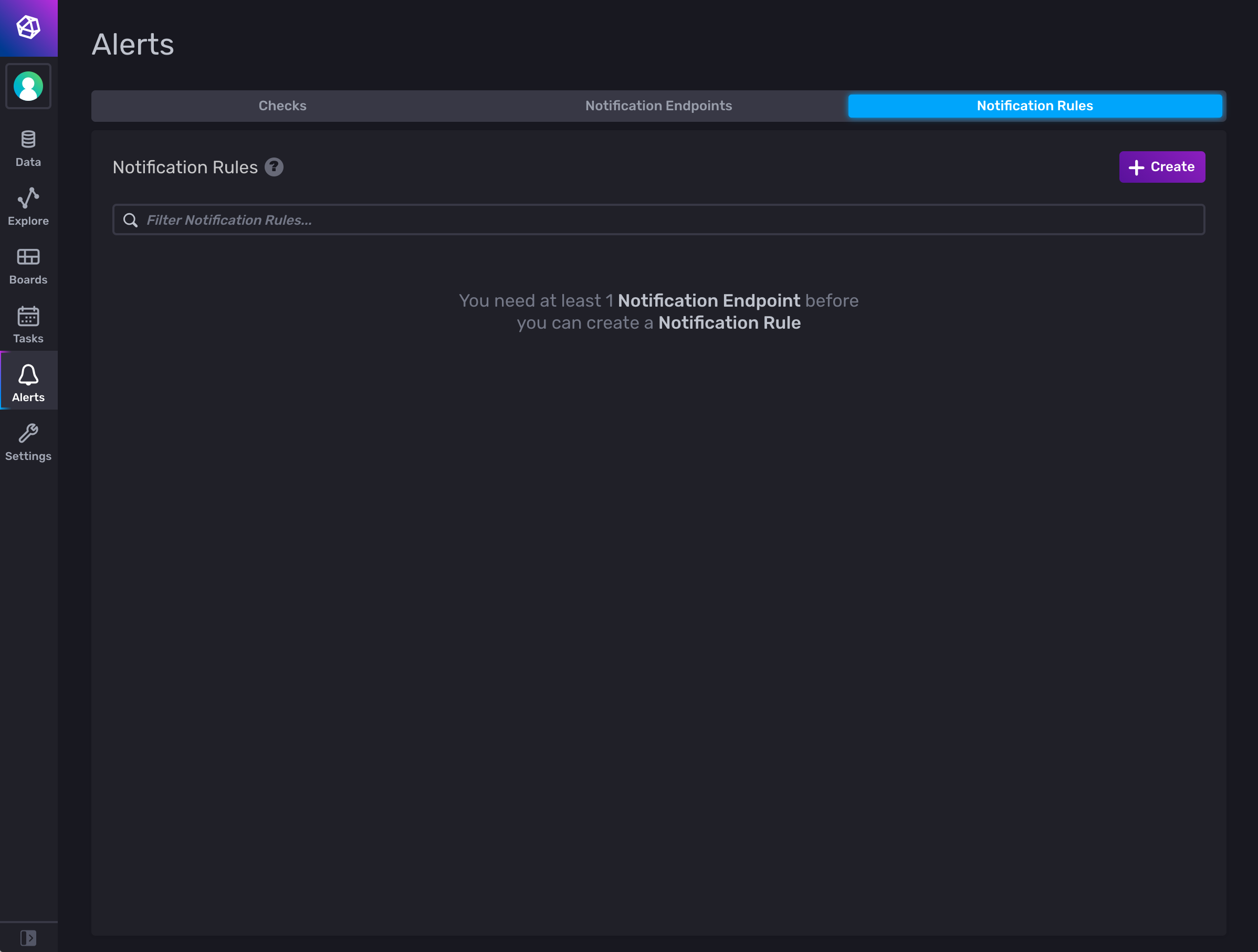 InfluxDB Alerts page, Notification Rules tab